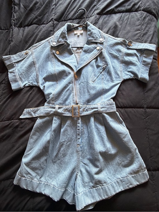 Mable Pants - Denim Short Sleeve Belted Romper - Light Blue